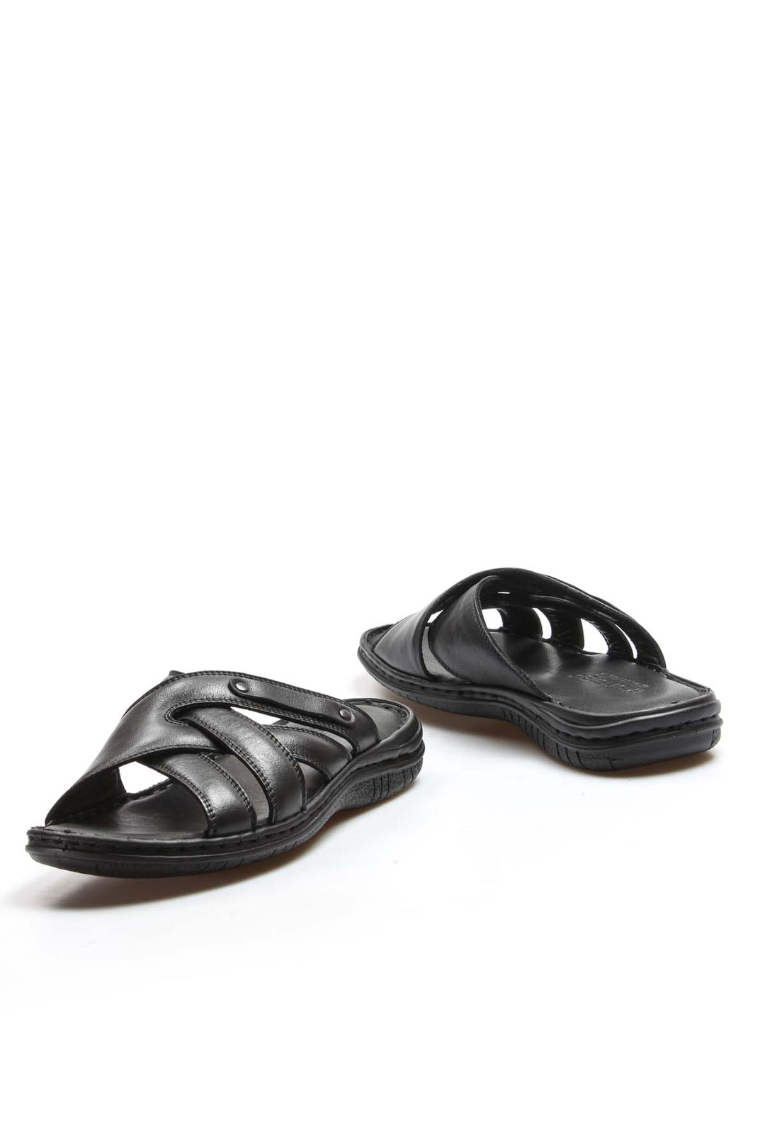 Men's Black Leather Crisscross Strap Slippers - Wessi