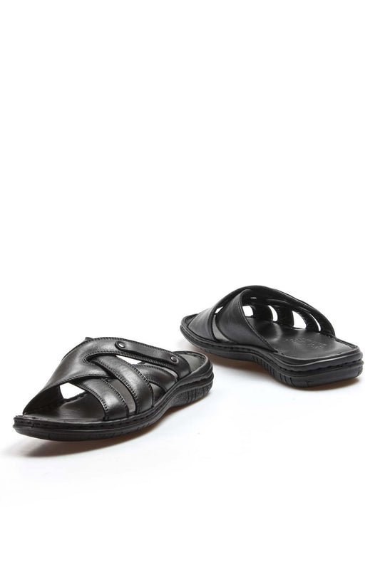 Men's Black Leather Crisscross Strap Slippers - Wessi
