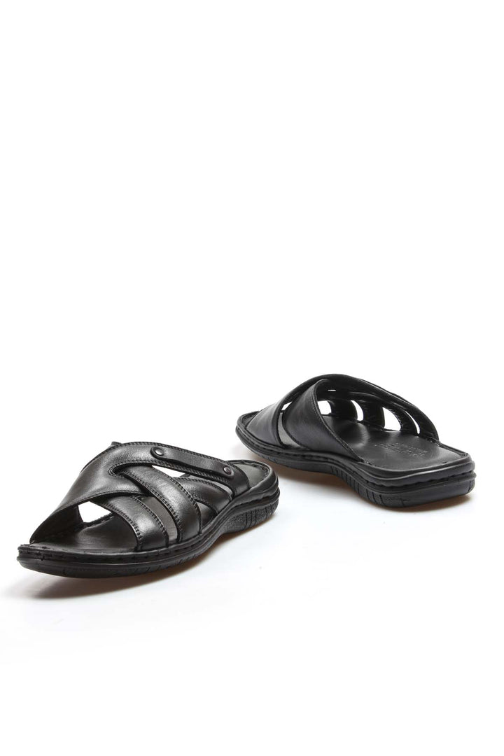 Men's Black Leather Crisscross Strap Slippers - Wessi
