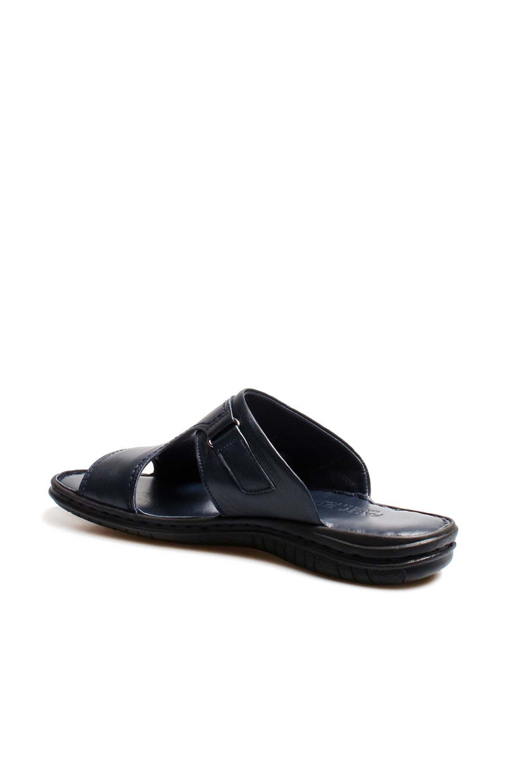 Men's Navy Leather Slide Sandals with Cutout Design - Wessi