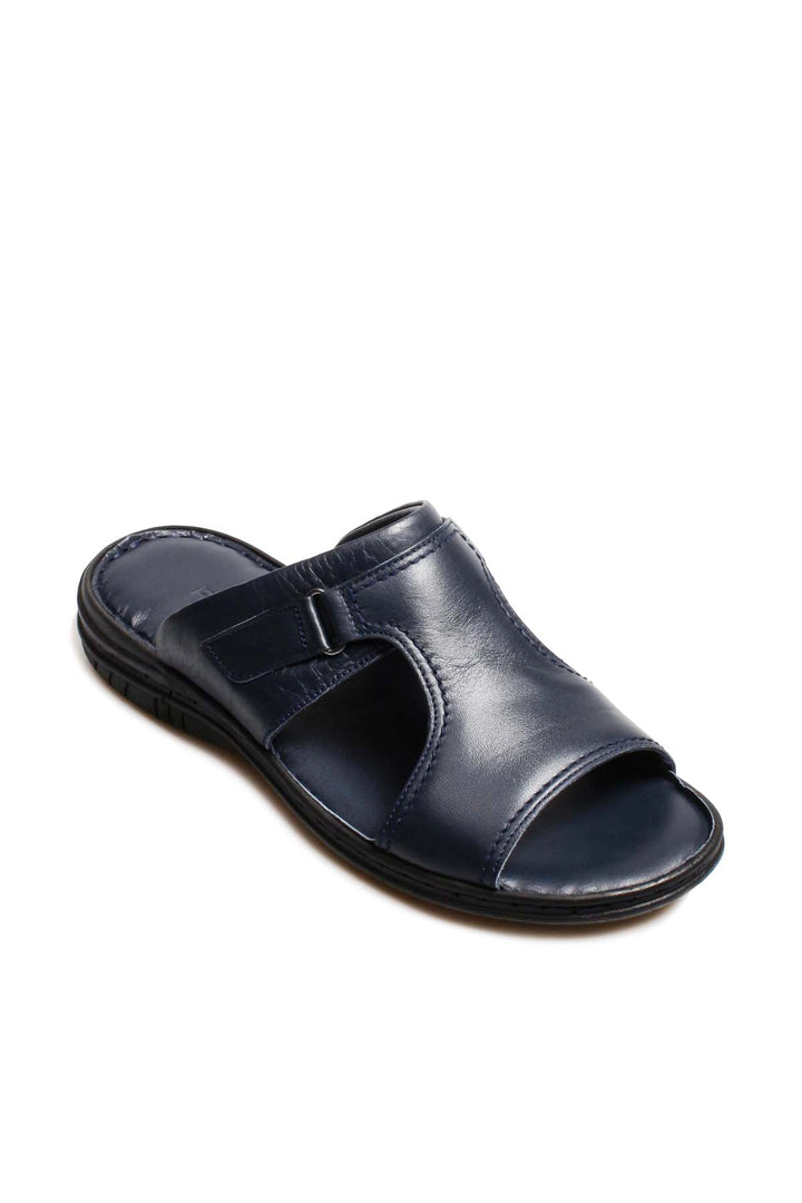 Men's Navy Leather Slide Sandals with Cutout Design - Wessi