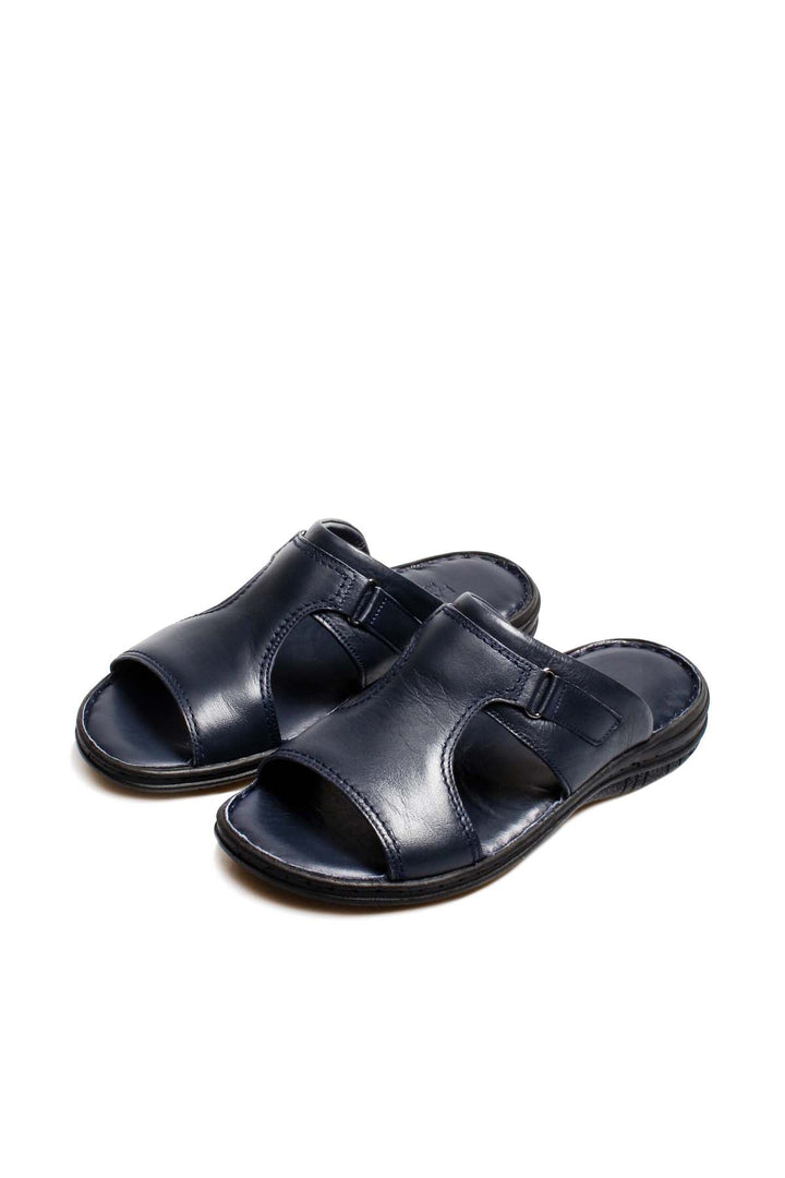 Men's Navy Leather Slide Sandals with Cutout Design - Wessi