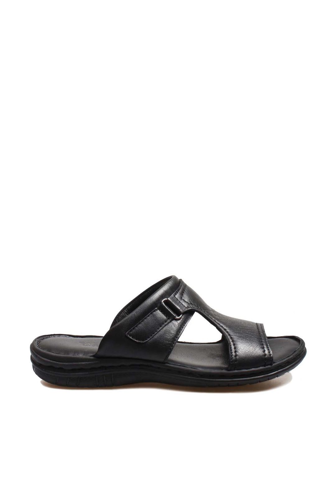 Men's Black Leather Slide Sandals with Cutout Design - Wessi