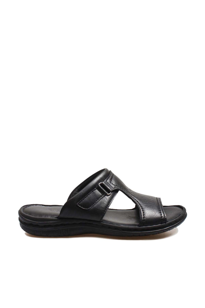 Men's Black Leather Slide Sandals with Cutout Design - Wessi
