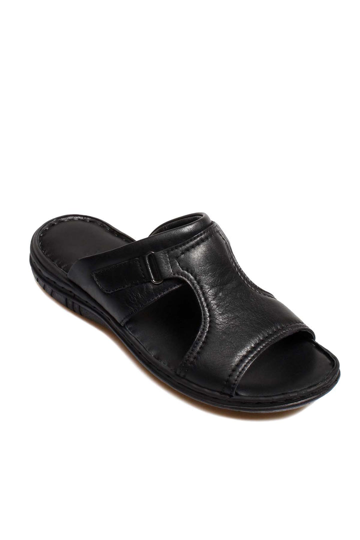Men's Black Leather Slide Sandals with Cutout Design - Wessi