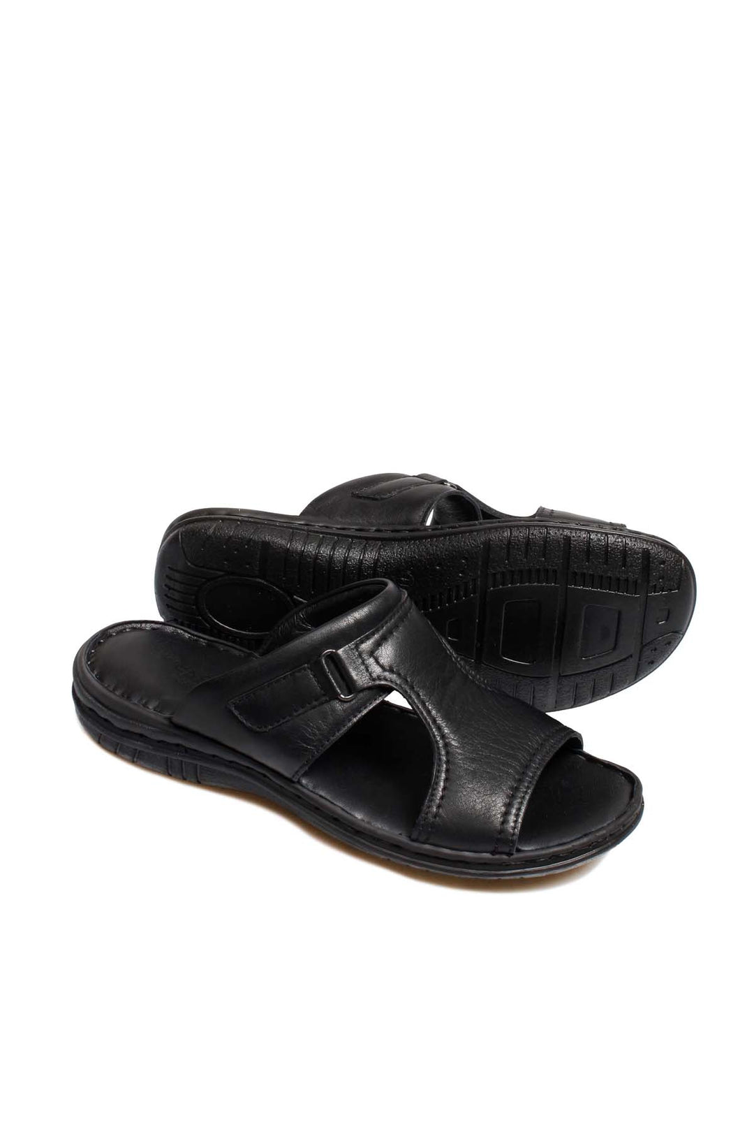 Men's Black Leather Slide Sandals with Cutout Design - Wessi