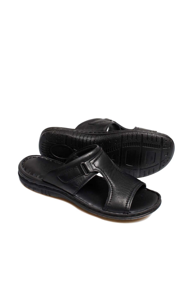 Men's Black Leather Slide Sandals with Cutout Design - Wessi