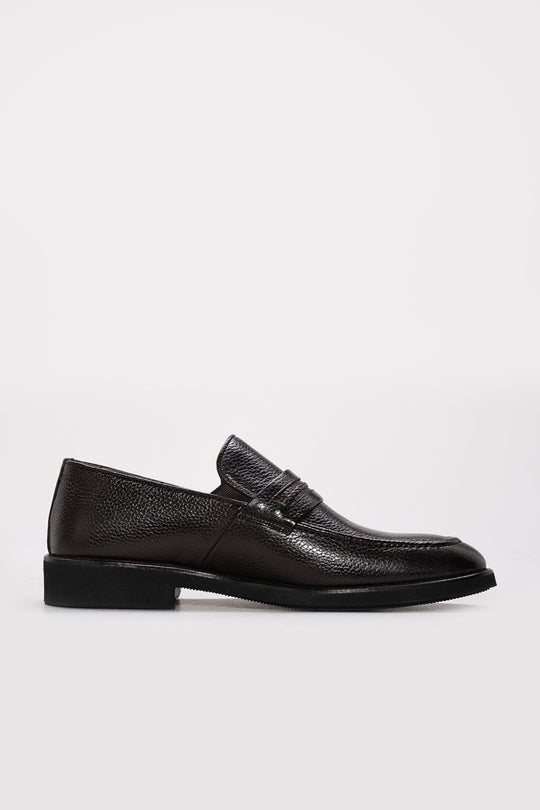 Dark Brown Textured Leather Penny Loafers for Men | Wessi