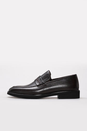 Dark Brown Textured Leather Penny Loafers for Men | Wessi