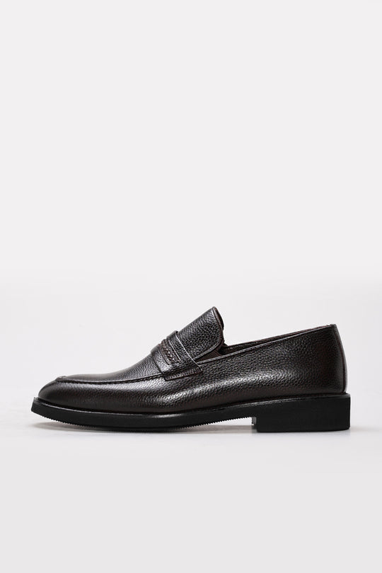 Dark Brown Textured Leather Penny Loafers for Men | Wessi