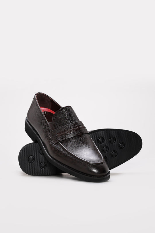 Dark Brown Textured Leather Penny Loafers for Men | Wessi