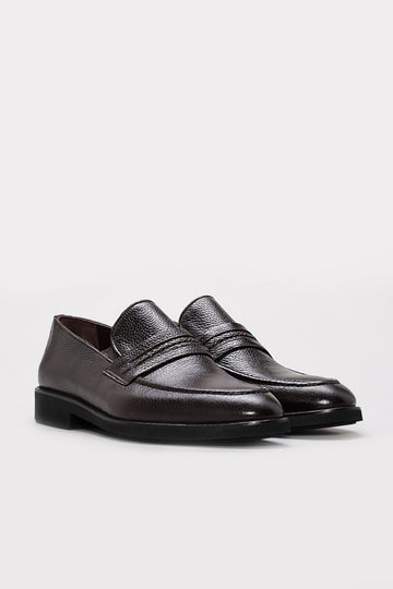Dark Brown Textured Leather Penny Loafers for Men | Wessi