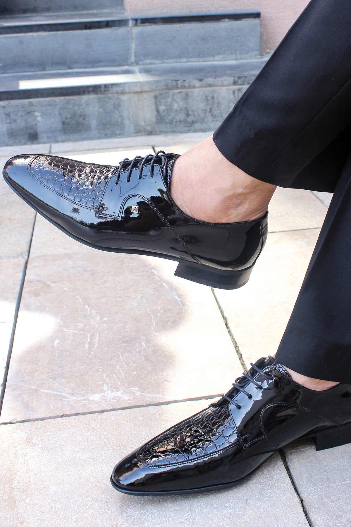 Men's Black Patent Leather Derby Shoes with Croc-Embossed