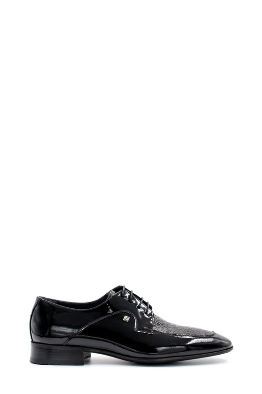 Men's Black Patent Leather Derby Shoes with Croc-Embossed Detailing - Wessi