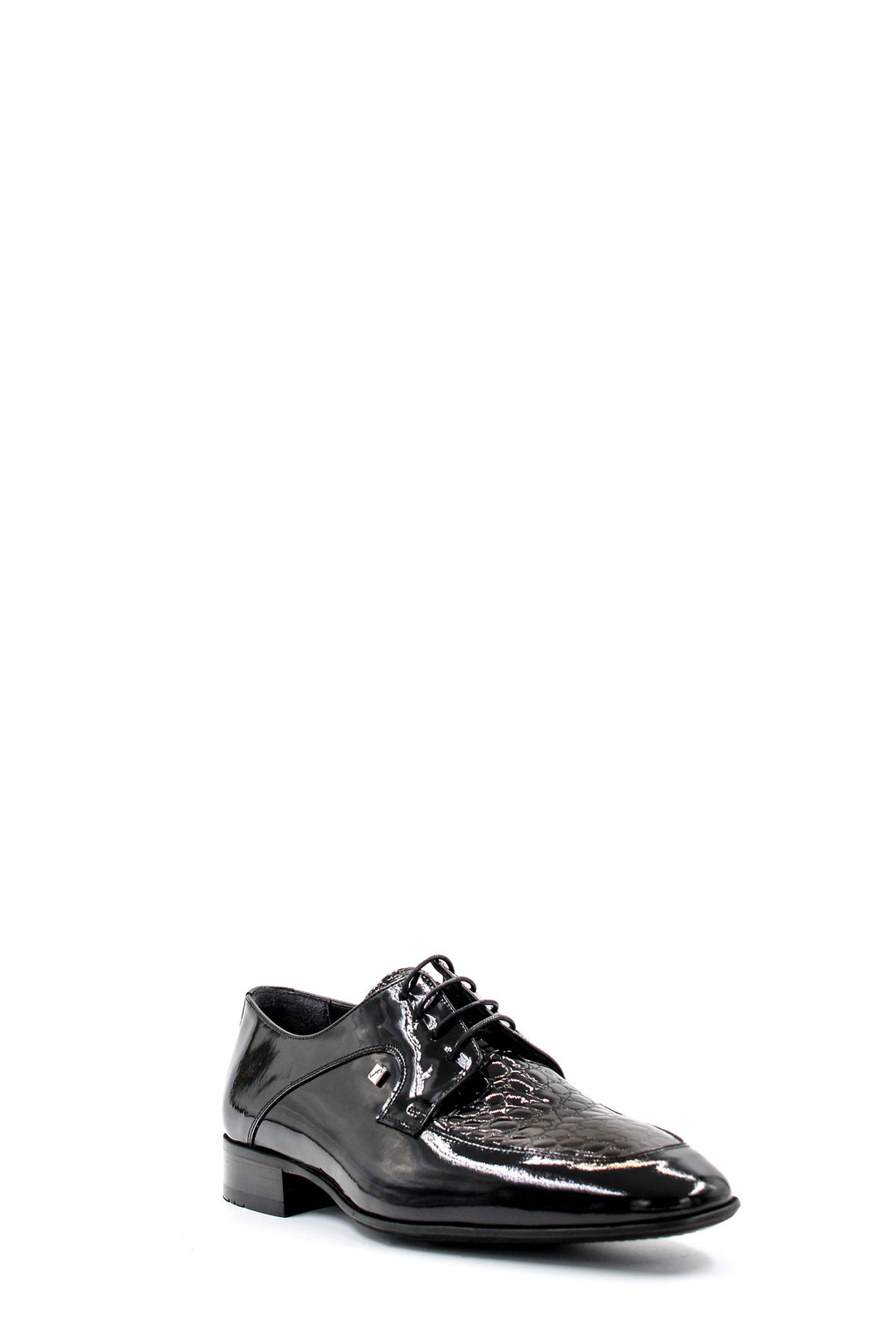 Men's Black Patent Leather Derby Shoes with Croc-Embossed Detailing - Wessi