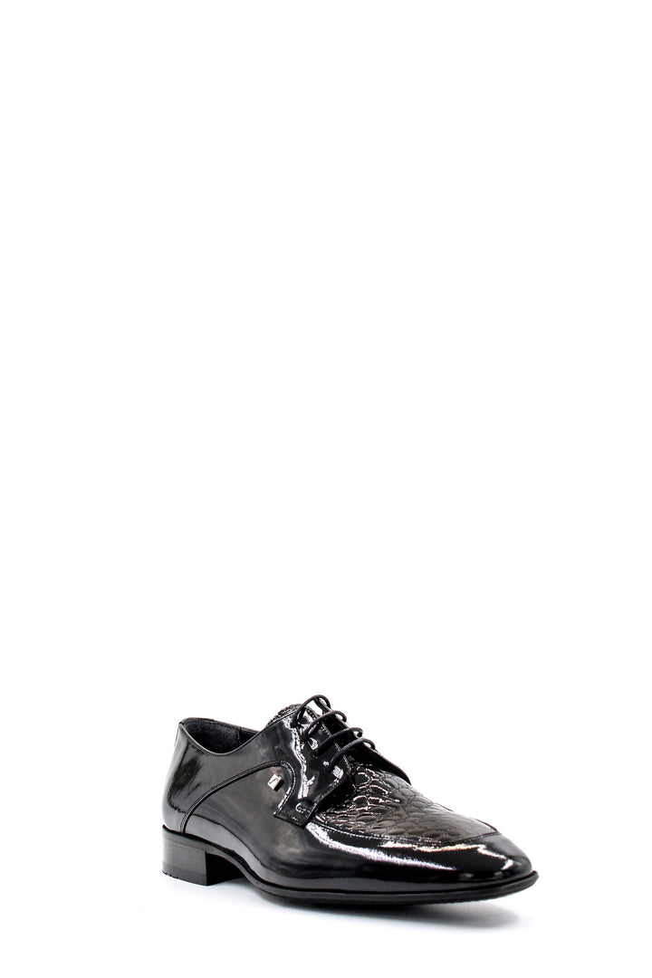 Men's Black Patent Leather Derby Shoes with Croc-Embossed Detailing - Wessi