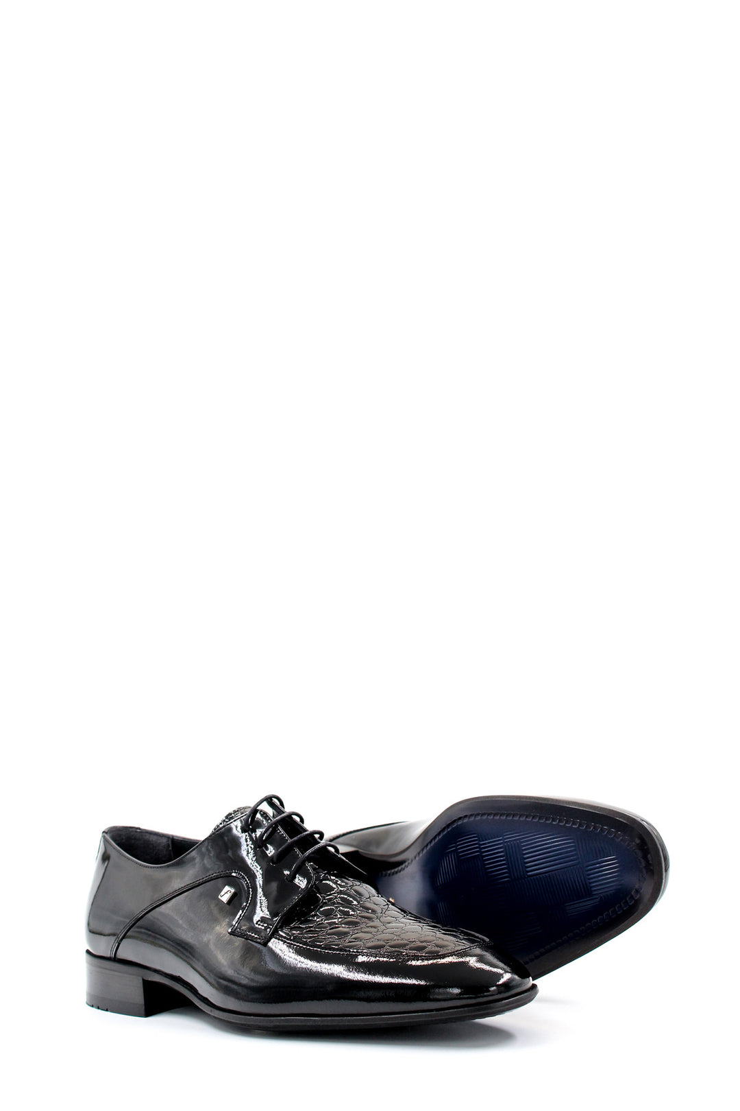 Men's Black Patent Leather Derby Shoes with Croc-Embossed Detailing - Wessi