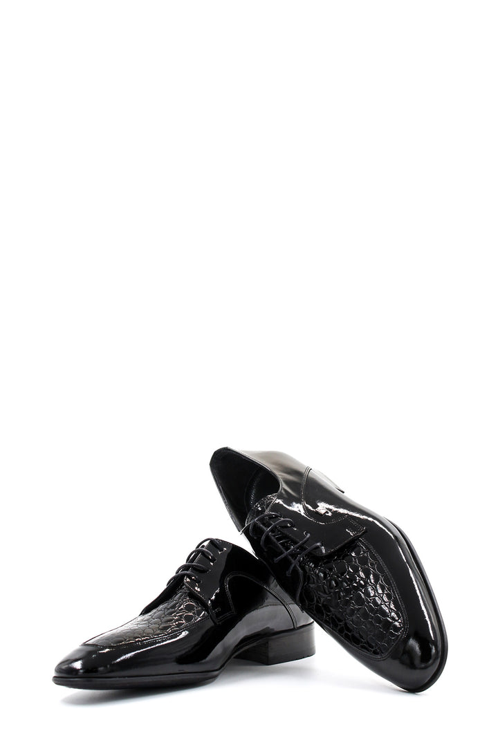 Men's Black Patent Leather Derby Shoes with Croc-Embossed Detailing - Wessi