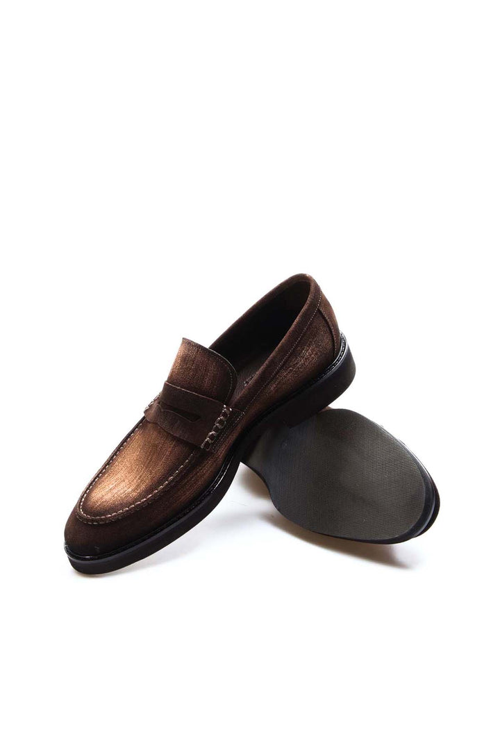 Men's Brown Suede Penny Loafers with Low Heel - Wessi