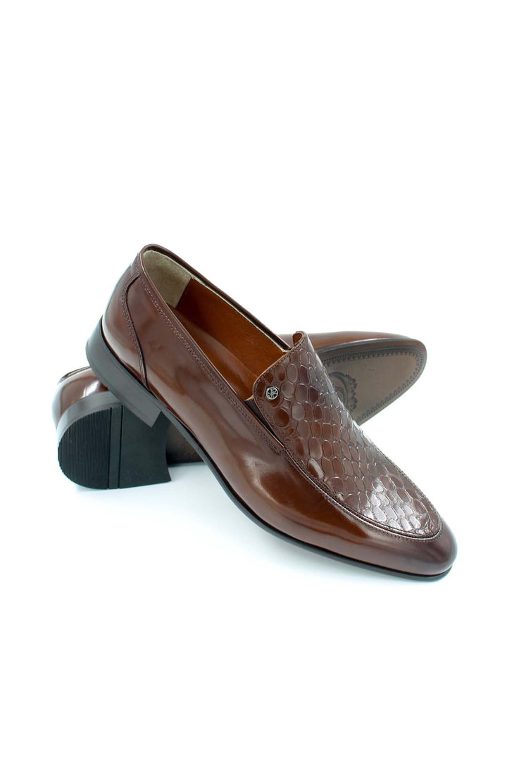 Men's Brown Leather Loafers with Embossed Croc Pattern - Wessi