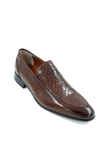 حذاء لوفر من الجلد البني للرجال بنمط تمساح منقوش - Wessi