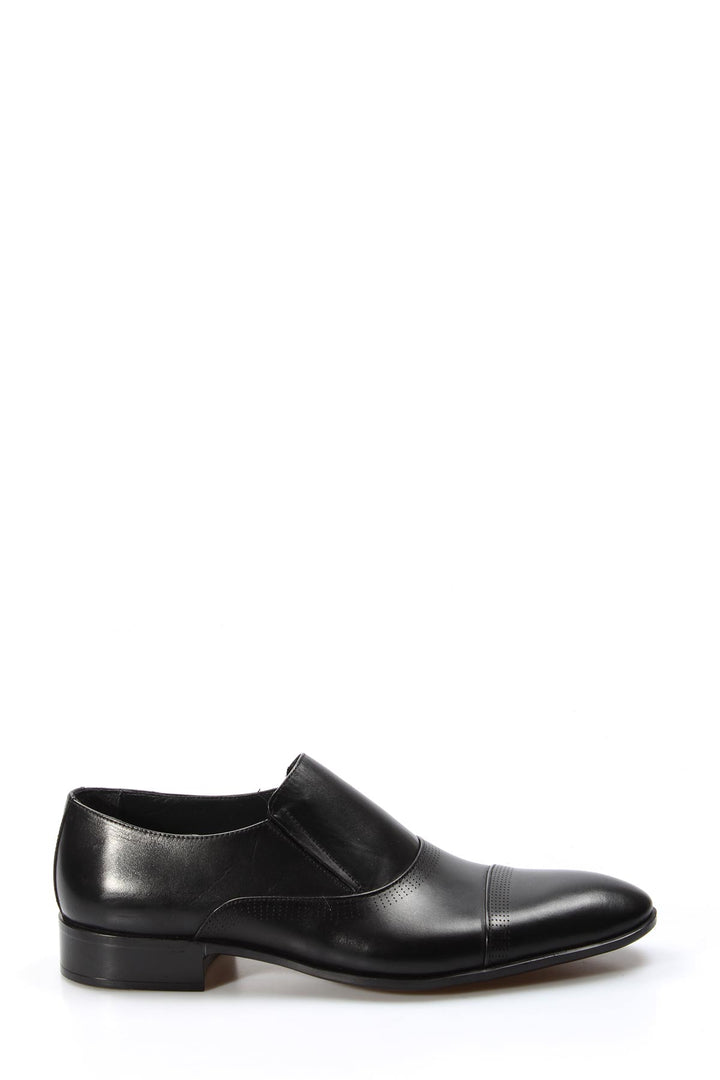 Men's Black Leather Slip-On Dress Shoes with Cap Toe - Wessi