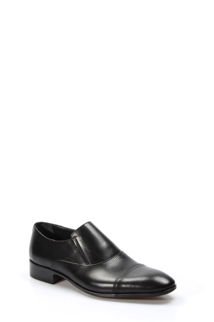 Men's Black Leather Slip-On Dress Shoes with Cap Toe - Wessi