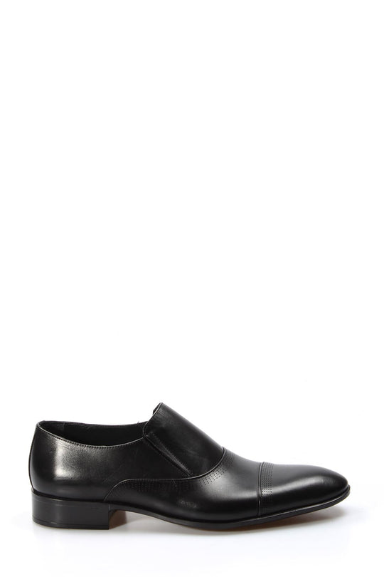 Men's Black Leather Slip-On Dress Shoes with Cap Toe - Wessi