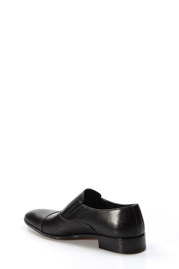Men's Black Leather Slip-On Dress Shoes with Cap Toe - Wessi