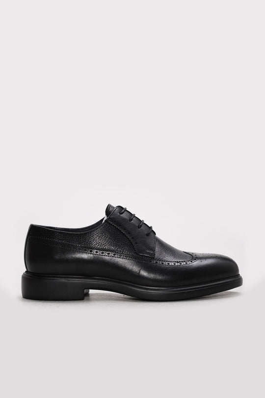 Black Textured Leather Perforated-Toe Dress Shoes for Men | Wessi