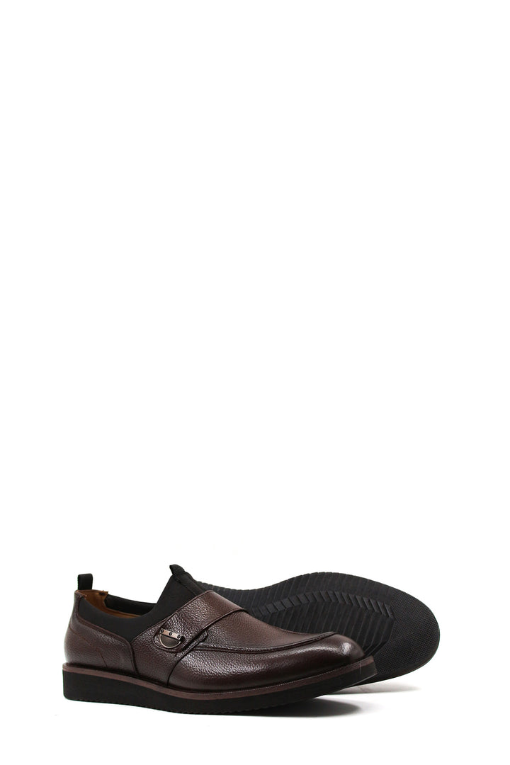 Men's Brown Leather Slip-On Loafers with Decorative Buckle - Wessi