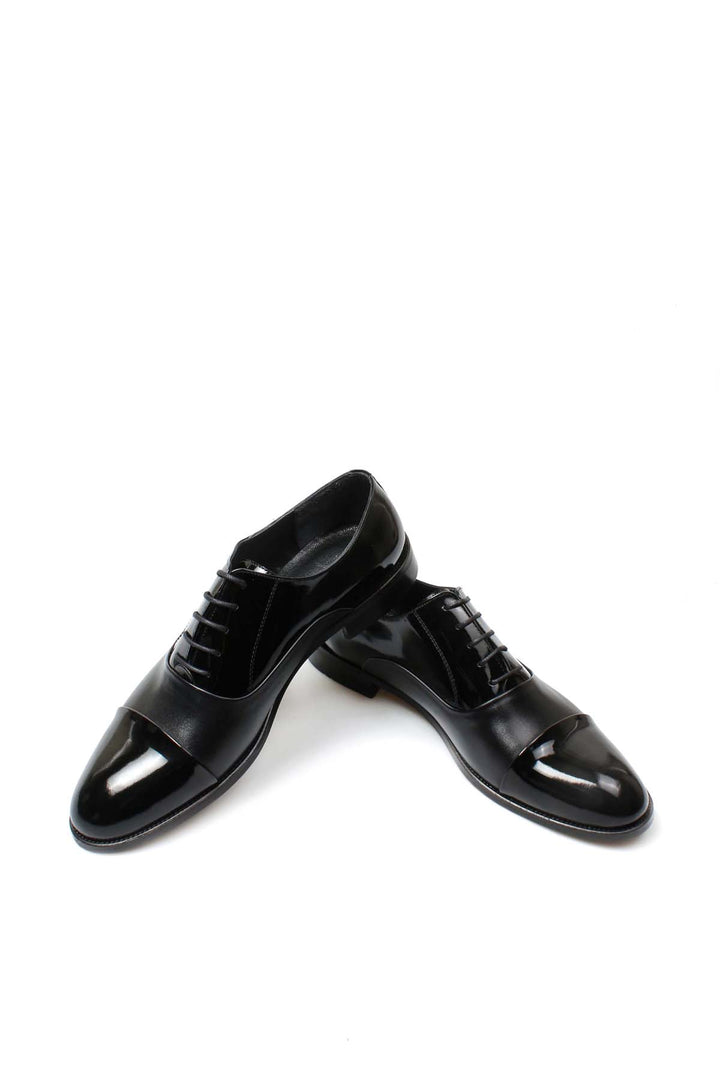 Men's Black Leather Oxford Shoes with Cap Toe and Glossy Finish - Wessi