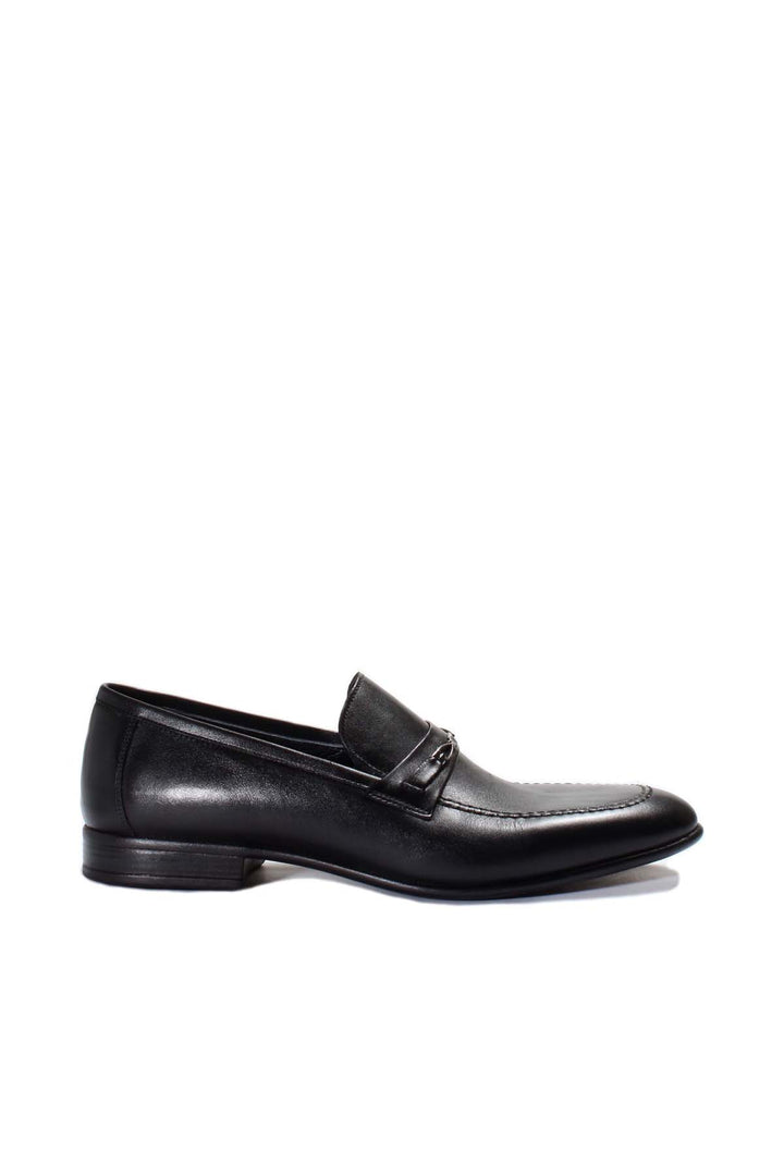 Men's Black Leather Loafers with Decorative Metal Accent - Wessi