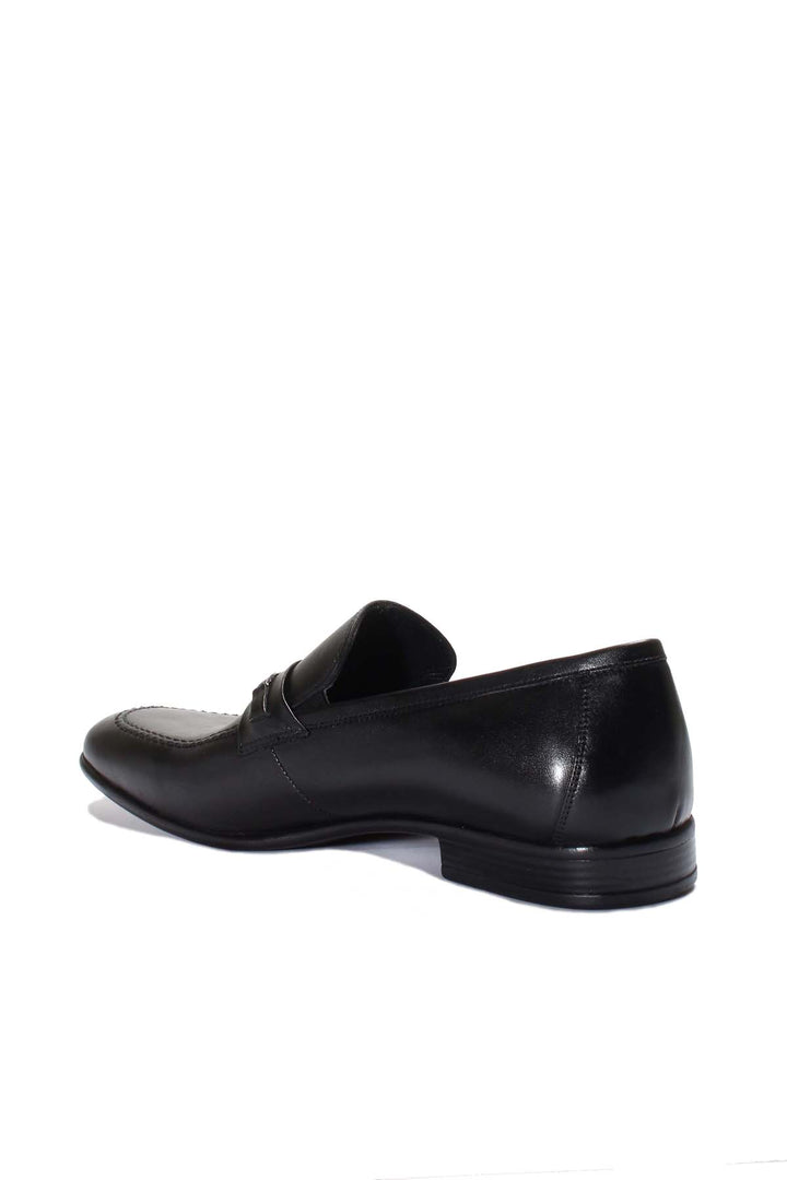 Men's Black Leather Loafers with Decorative Metal Accent - Wessi
