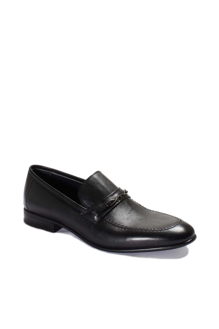 Men's Black Leather Loafers with Decorative Metal Accent - Wessi