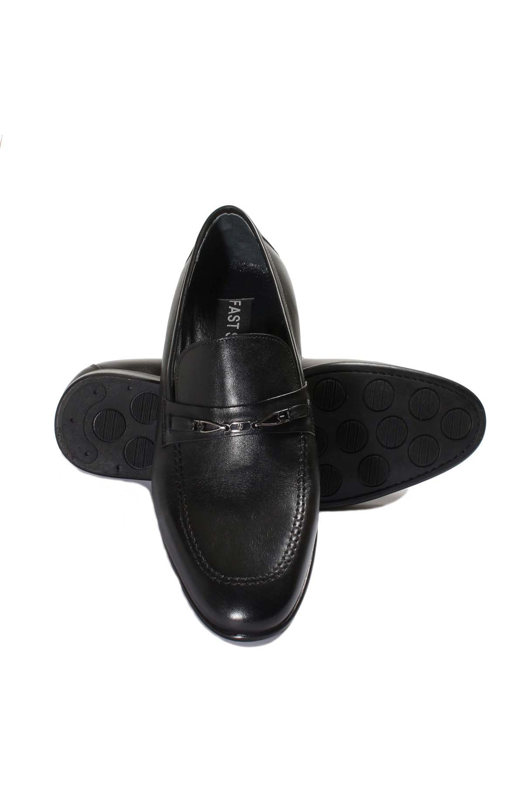 Men's Black Leather Loafers with Decorative Metal Accent - Wessi