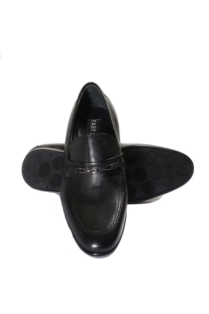 Men's Black Leather Loafers with Decorative Metal Accent - Wessi
