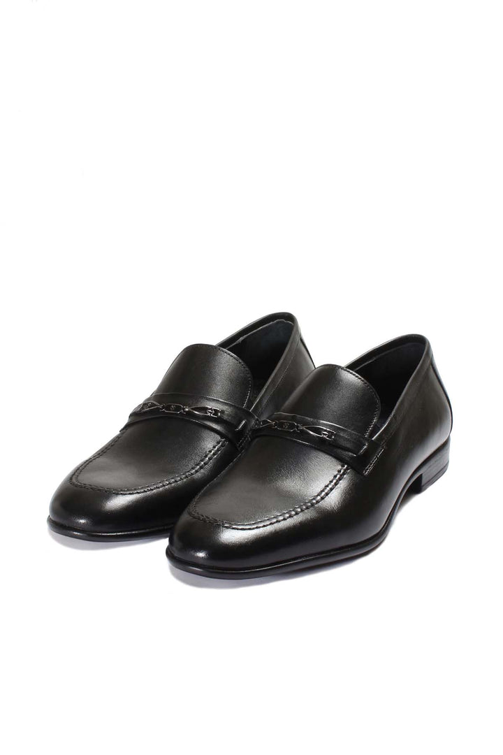 Men's Black Leather Loafers with Decorative Metal Accent - Wessi