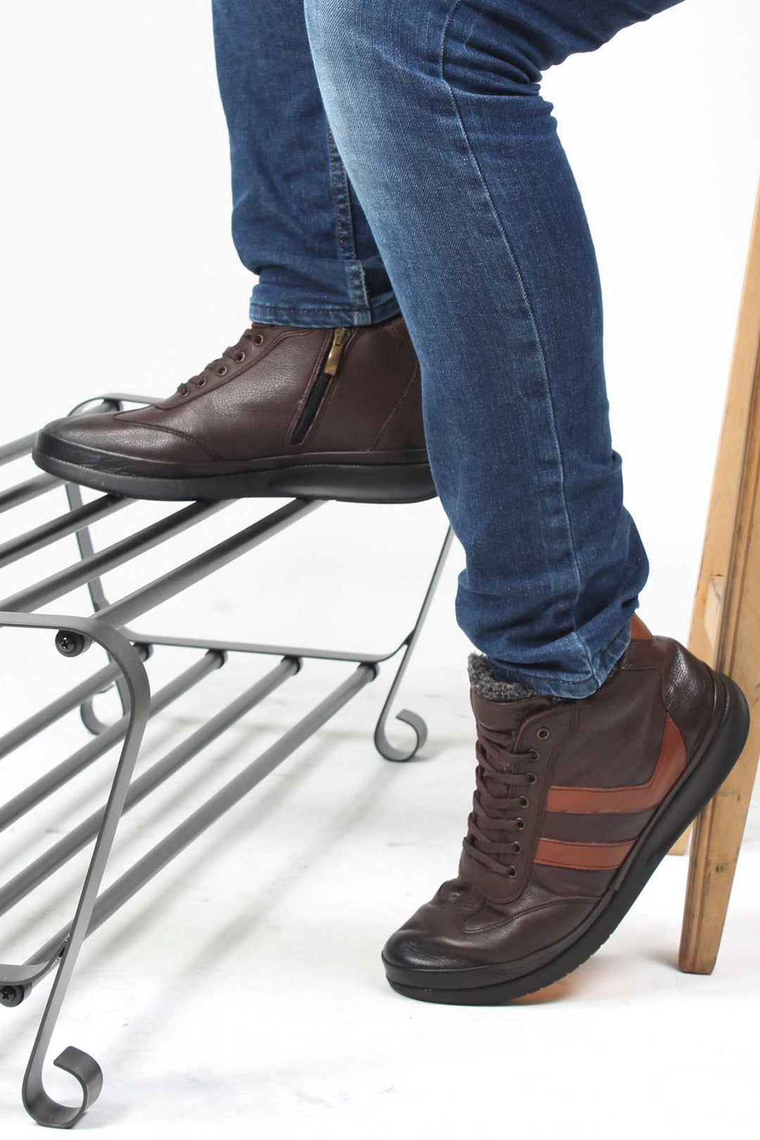 Men's Brown Leather High-Top Sneakers with Fur Lining and Brown Accents - Wessi