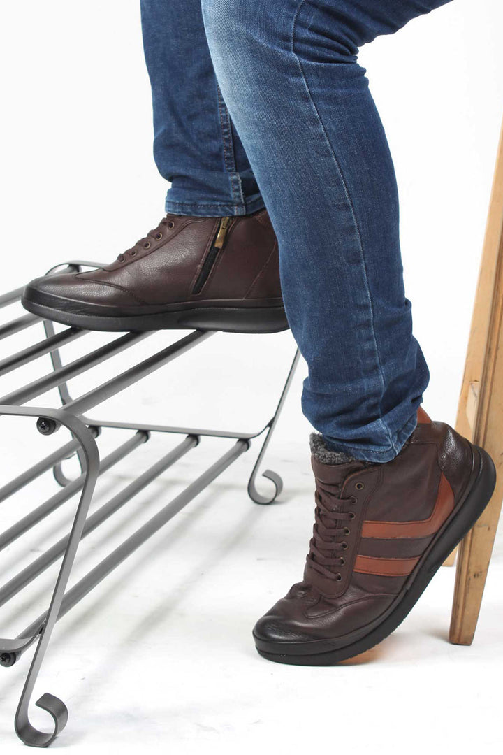 Men's Brown Leather High-Top Sneakers with Fur Lining and Brown Accents - Wessi