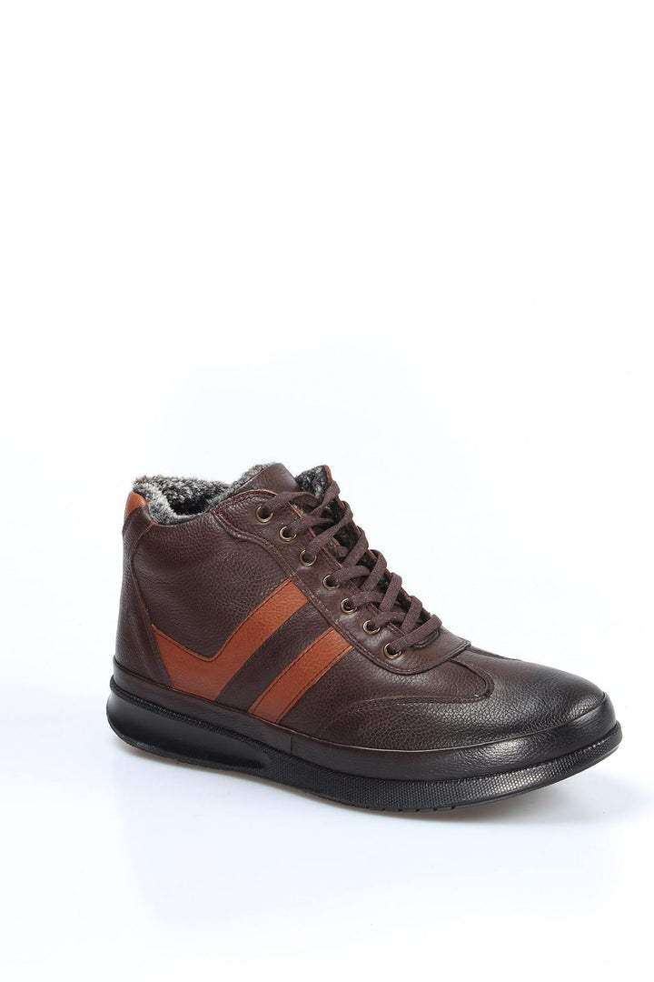 Men's Brown Leather High-Top Sneakers with Fur Lining and Brown Accents - Wessi