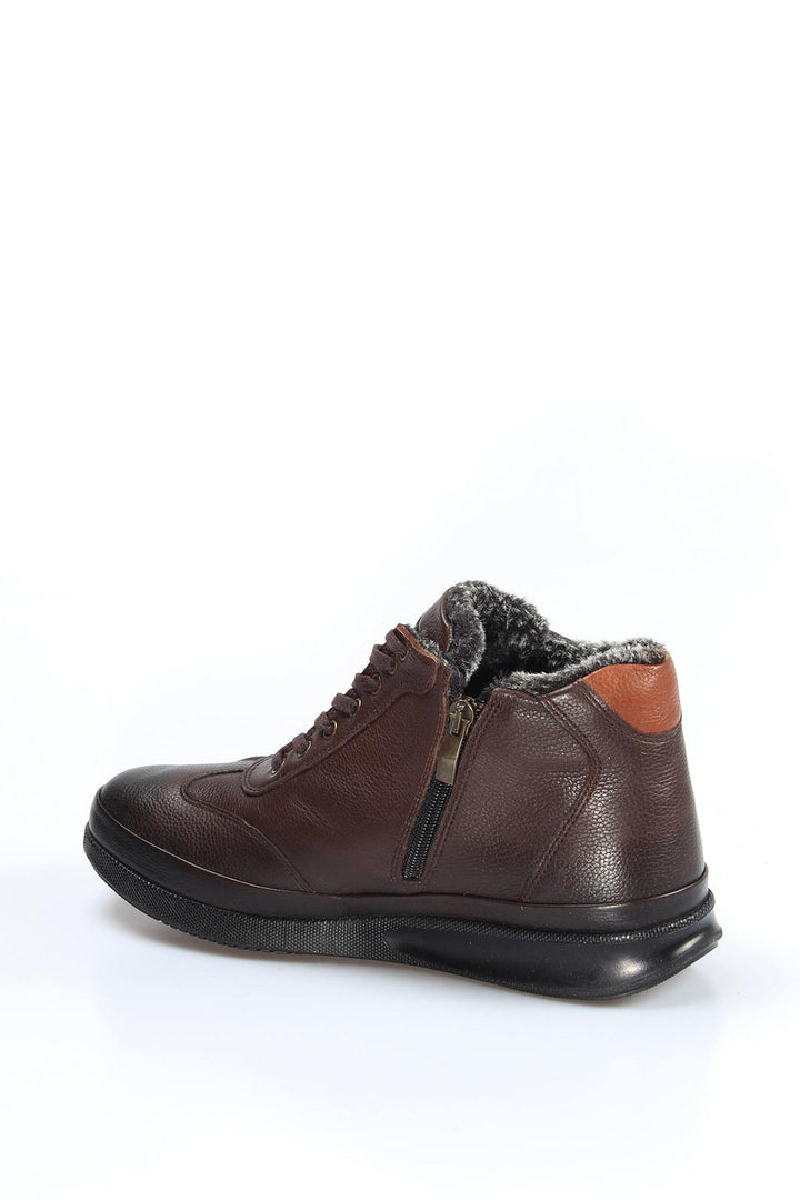 Men's Brown Leather High-Top Sneakers with Fur Lining and Brown Accents - Wessi
