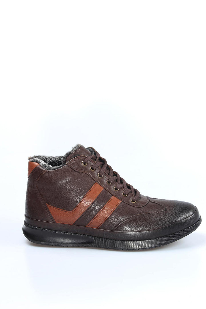 Men's Brown Leather High-Top Sneakers with Fur Lining and Brown Accents - Wessi