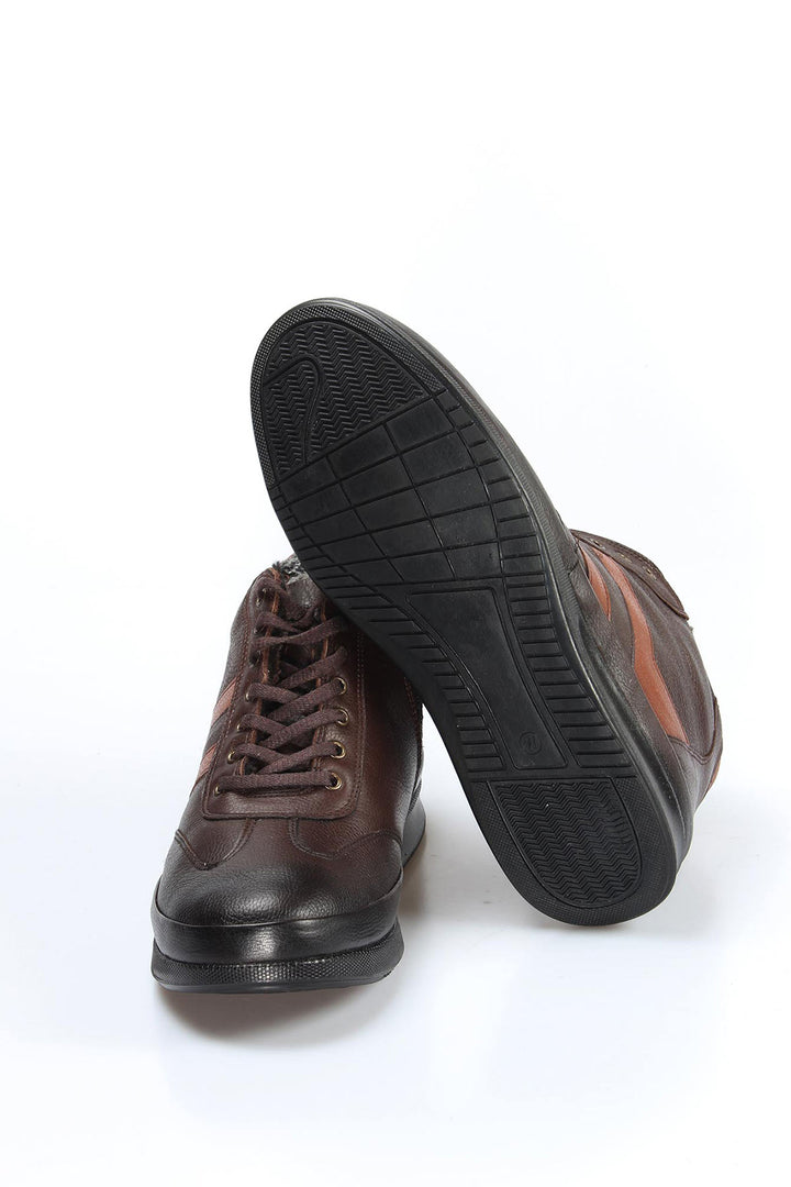 Men's Brown Leather High-Top Sneakers with Fur Lining and Brown Accents - Wessi
