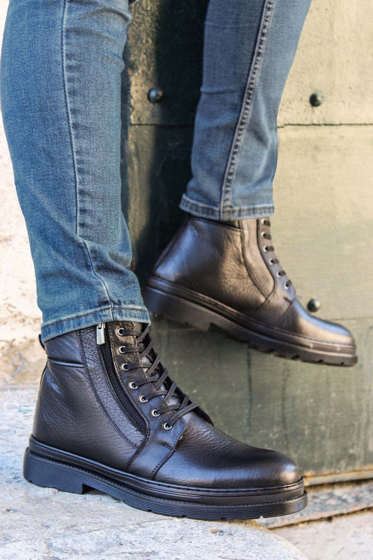 Мужские черные кожаные ботильоны с боковой молнией и шнуровкой - Wessi