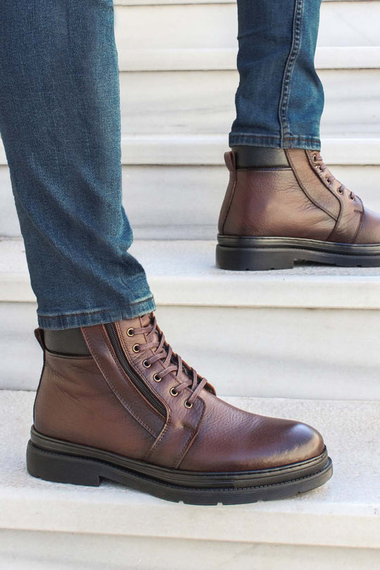 Men's Dark Brown Leather Lace-Up Boots with Side Zipper, Inside Vegan Wessi - Discover Diversity Men's Dark Brown Leather Lace-Up Boots with Side Zipper, Inside Vegan Wessi - Discover Diversity