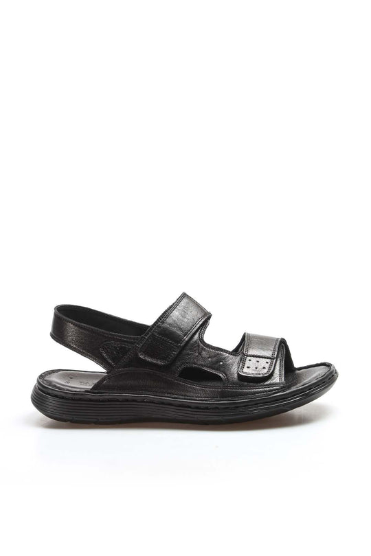 Men's Black Leather Velcro Strap Sandals with Cushioned Sole - Wessi