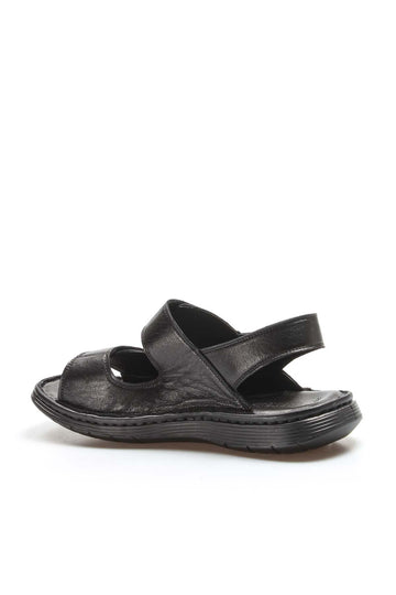Men's Black Leather Velcro Strap Sandals with Cushioned Sole - Wessi