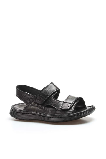 Men's Black Leather Velcro Strap Sandals with Cushioned Sole - Wessi