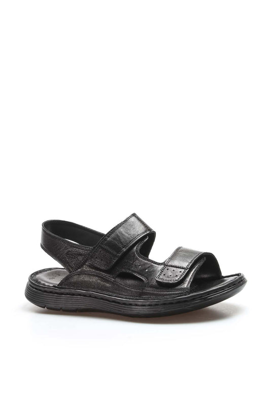 Men's Black Leather Velcro Strap Sandals with Cushioned Sole - Wessi